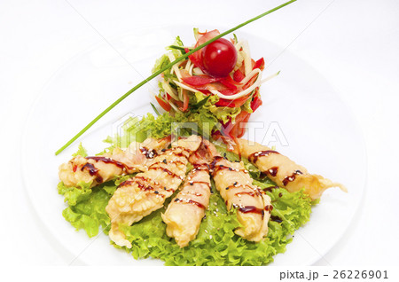 Shrimp tempura and salad on white background Shrimp tempura and salad on white background 26226901
