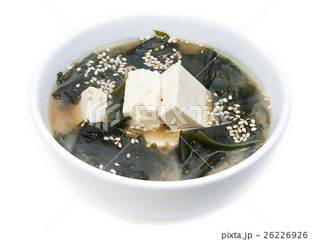 Japanese soup with herbs and cheese on white backg Japanese soup with herbs and cheese on white backg 26226926