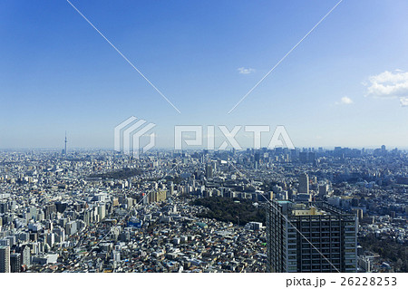 東京都市風景 全景 東京スカイツリー 池袋 目白 水道橋 青空の写真素材