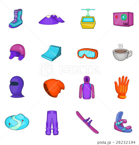 Snowboarding icons set, cartoon style Snowboarding icons set, cartoon style 26232194