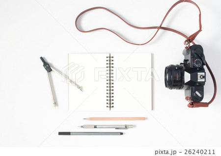 Flat lay of stationery notebook with copy space  Flat lay of stationery notebook with copy space  26240211
