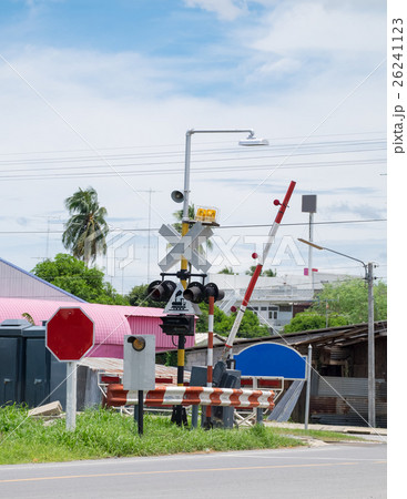 Electric poles with label sign crossing 26241123