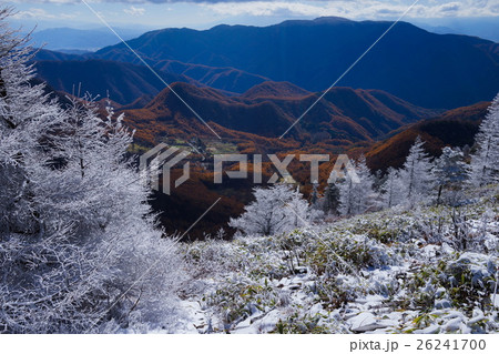 初冬の美ヶ原高原 樹氷と紅葉の写真素材