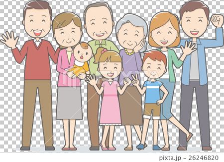 Smiling family of nine people (4 generations) - Stock Illustration ...