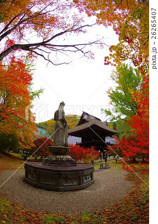 紅葉の霊松寺山門　信州　安曇野大町の古刹　鎌倉時代の創建 26265407