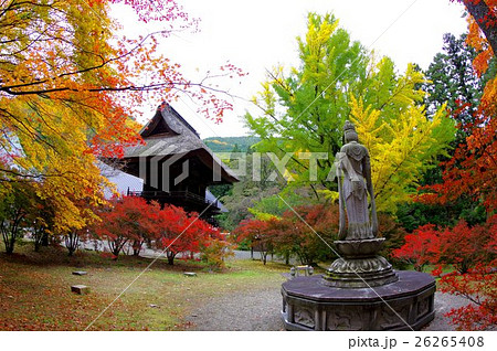 紅葉の霊松寺山門　信州　安曇野大町の古刹　鎌倉時代の創建 26265408