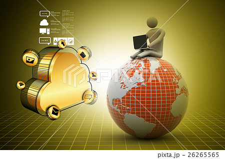 man sitting on globe with the Laptop. 26265565