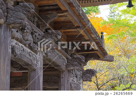 信州　大町の古刹　霊松寺の山門　立川流建築に彫刻群が見事　長野県宝指定 26265669