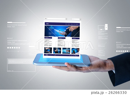 business man showing web page on tablet computer 26266330