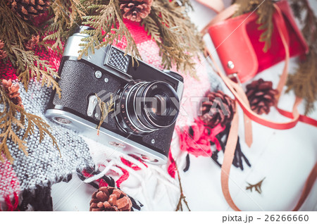 Retro vintage film camera and a blanket. 26266660