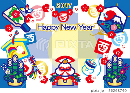 年賀状2017　とり年　酉印　鏡餅　羽子板　絵馬　破魔矢　門松　凧　富士山　HappyNewYear 26268740