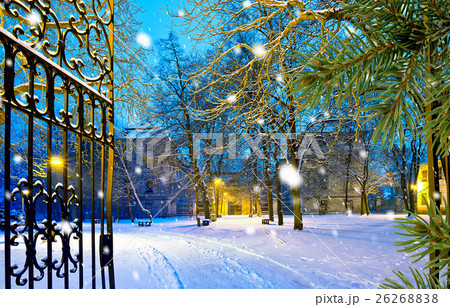 winter park with gateway in the snowfall by night 26268838