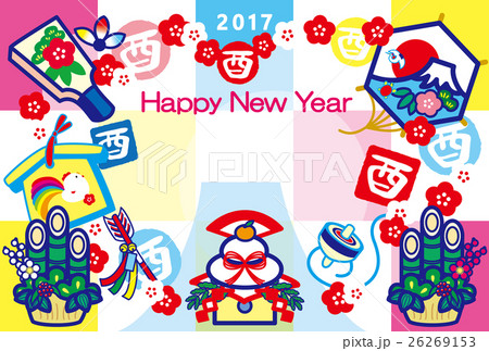 年賀状2017　とり年　酉印　鏡餅　羽子板　絵馬　破魔矢　門松　凧　富士山　HappyNewYear 26269153
