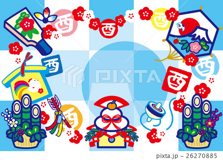 年賀状2017　とり年　酉印　鏡餅　羽子板　絵馬　破魔矢　門松　凧　富士山　鶴亀　紅白梅 26270885