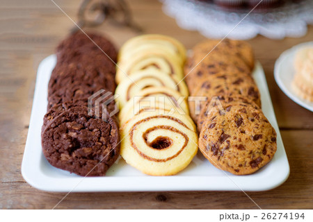Table with various types of cookies on tray Table with various types of cookies on tray 26274194