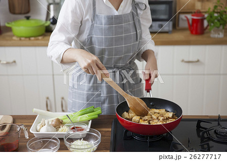 挽肉と豆腐と調味料を炒め合わせる女性 26277717