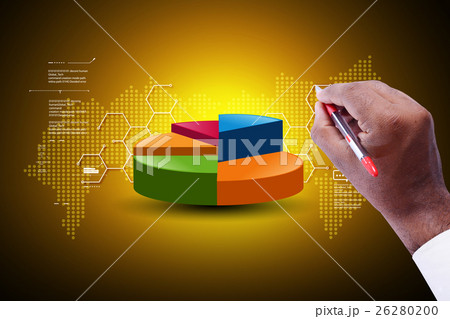 Business man showing pie chart in color background Business man showing pie chart in color background 26280200