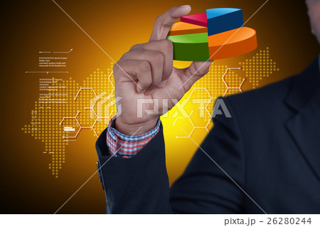 Business man showing pie chart in color background 26280244