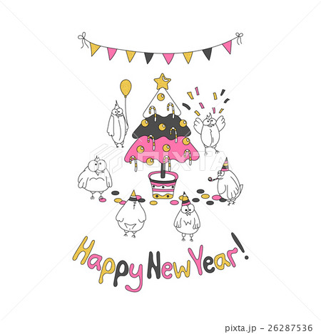 Happy New Year greeting card with cartoon funny Happy New Year greeting card with cartoon funny 26287536