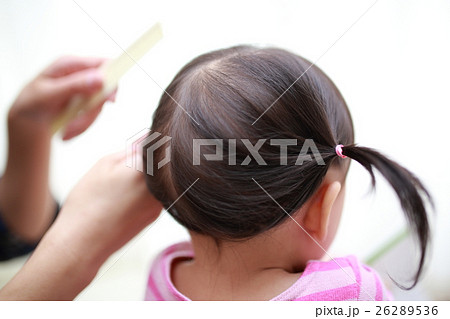 赤ちゃん 親子 ヘアセット ベビー 幼児 女の子 1才 1歳 ママ ファミリー 髪の毛 頭 くし の写真素材