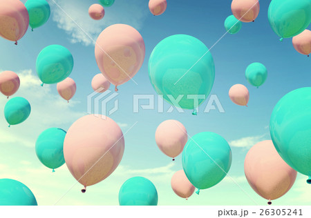 Colorful blue and pink balloons floating in sky 26305241