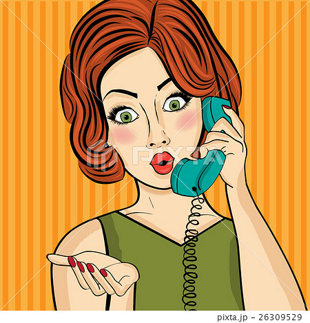 Surprised pop art  woman chatting on retro phone 26309529
