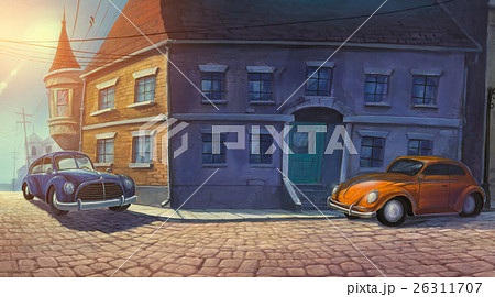 Cars parked in old town painted illustration 26311707