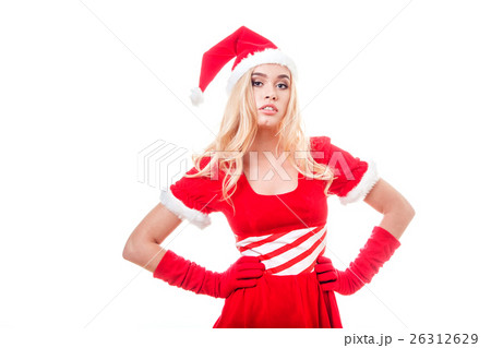 Beautiful blonde woman in dress and Santa's hat 26312629