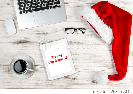 Office Workplace Coffee and Christmas Decoration. 26315281