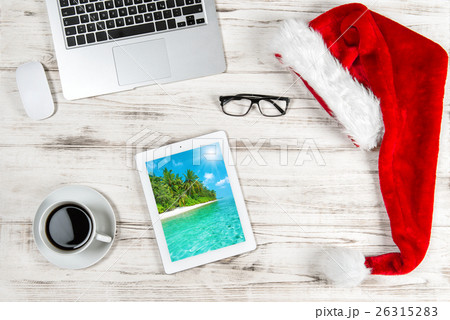 Office Desk with Coffee and Christmas Decoration. 26315283