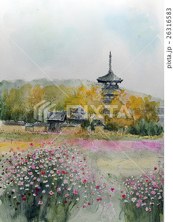 法起寺　世界遺産 秋桜　古都・奈良の秋 26316583