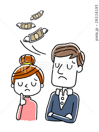 カップル 夫婦 お金が飛んで消えていくのイラスト素材