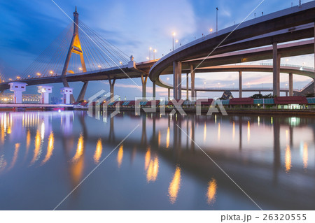 Twilight suspension bridge river front 26320555
