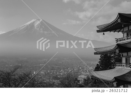 Mt. Fuji viewed from behind red Chureito Pagoda 26321712
