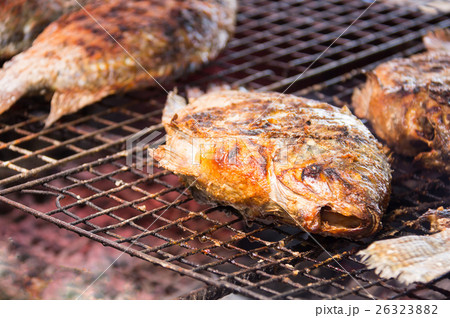 Grilling fish on campfire 26323882