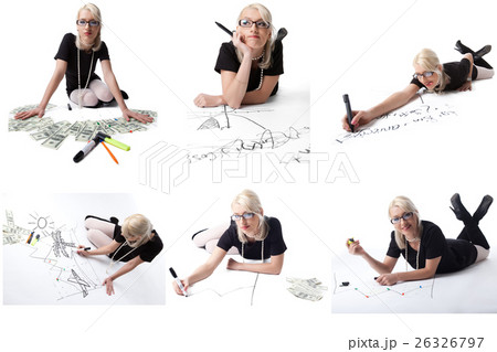 Set of pretty blonde in glasses posing as student 26326797