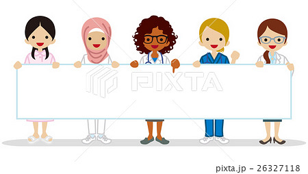 空白パネルを持つ女性医療従事者グループ 多国籍のイラスト素材