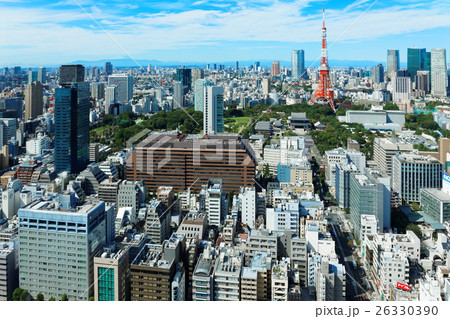 東京タワーと富士山と都市風景の写真素材