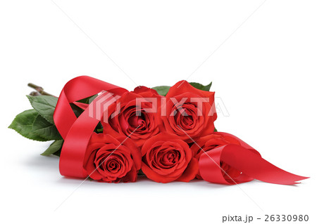 five bright red roses isolated on white 26330980