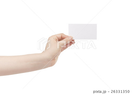 young female left hand hold blank white paper card young female left hand hold blank white paper card 26331350