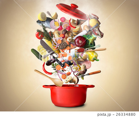 Big red pot with vegetables and meat Big red pot with vegetables and meat 26334880