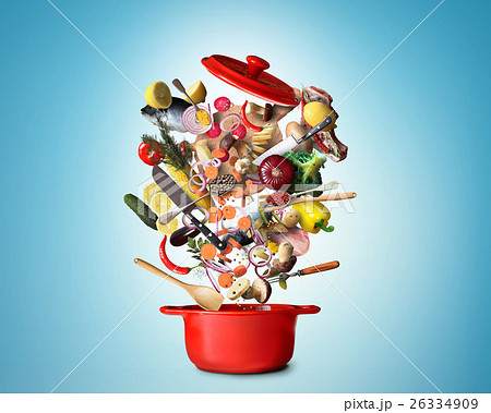 Big red pot with vegetables and meat Big red pot with vegetables and meat 26334909
