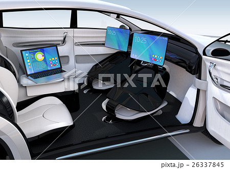 シート収納できる折り畳み式モニターで車内ミーティングイメージ。自動運転車のビジネス応用コンセプト。 シート収納できる折り畳み式モニターで車内ミーティングイメージ。自動運転車のビジネス応用コンセプト。 26337845