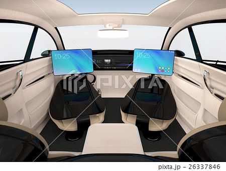 シート収納できる折り畳み式モニターで車内ミーティングイメージ。自動運転車のビジネス応用コンセプト。 シート収納できる折り畳み式モニターで車内ミーティングイメージ。自動運転車のビジネス応用コンセプト。 26337846
