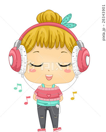 Kid Girl Listen Music Headphoneのイラスト素材