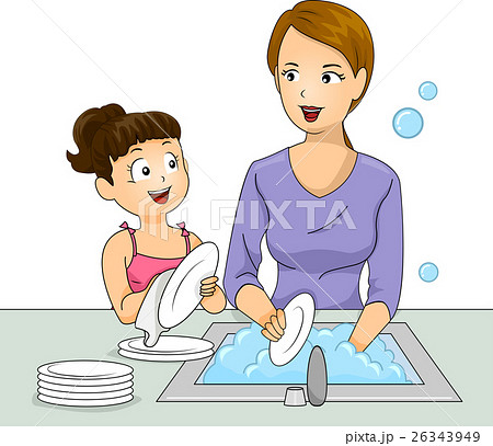 Kid Girl Mom Wash Dishes 26343949