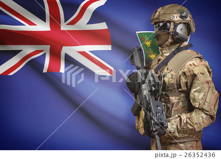 Soldier in helmet holding machine gun with flag on background series - British Virgin Islands 26352436