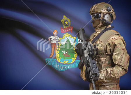 Soldier in helmet holding machine gun with USA state flag on background series - Maine Soldier in helmet holding machine gun with USA state flag on background series - Maine 26353054