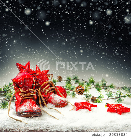 Christmas decoration with antique baby shoes. Christmas decoration with antique baby shoes. 26353884