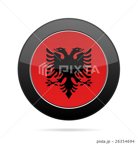 Flag of Albania. Shiny black round button.